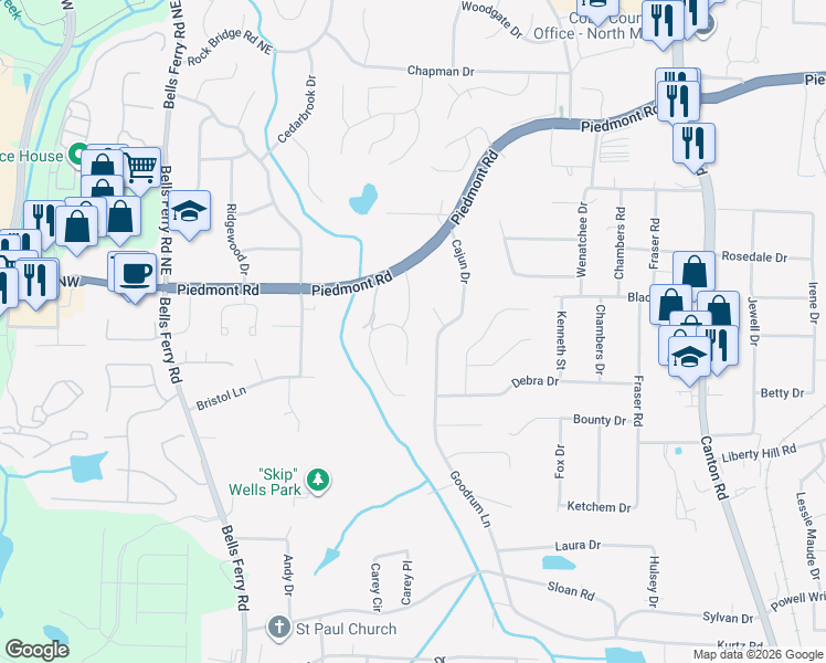 map of restaurants, bars, coffee shops, grocery stores, and more near 2437 Retreat Close Northeast in Marietta