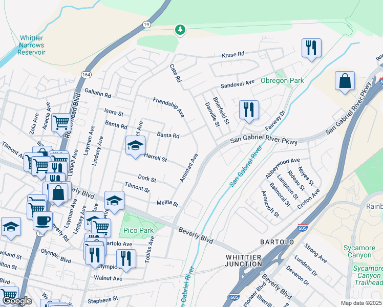 map of restaurants, bars, coffee shops, grocery stores, and more near 4113 Amistad Avenue in Pico Rivera