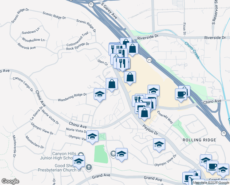 map of restaurants, bars, coffee shops, grocery stores, and more near 13283 Sonrisa Drive in Chino Hills