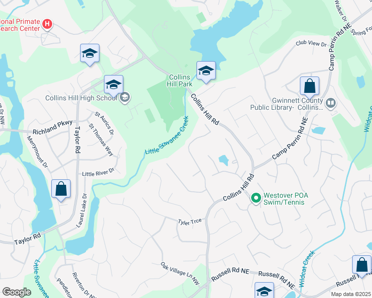 map of restaurants, bars, coffee shops, grocery stores, and more near 2150 Wildcat Cliffs Way in Lawrenceville