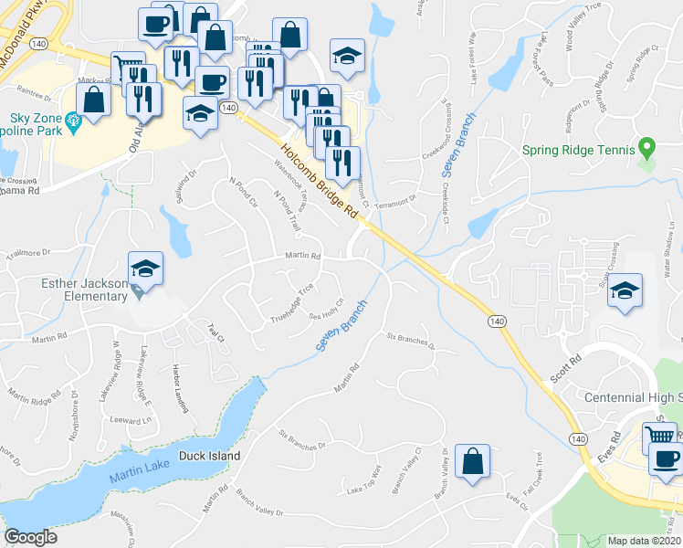 map of restaurants, bars, coffee shops, grocery stores, and more near 345 Sea Holly Circle in Roswell
