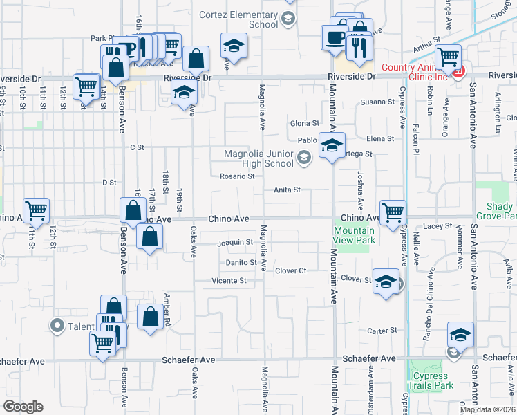 map of restaurants, bars, coffee shops, grocery stores, and more near 13271 Rancho Bernard Court in Chino