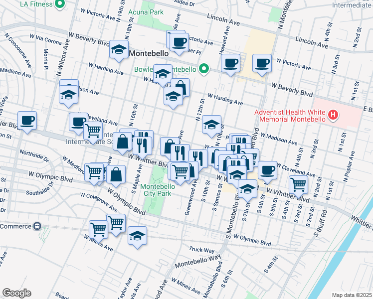 map of restaurants, bars, coffee shops, grocery stores, and more near 139 North 12th Street in Montebello