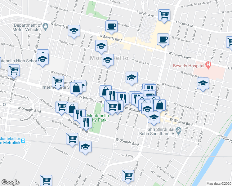 map of restaurants, bars, coffee shops, grocery stores, and more near 139 North 12th Street in Montebello