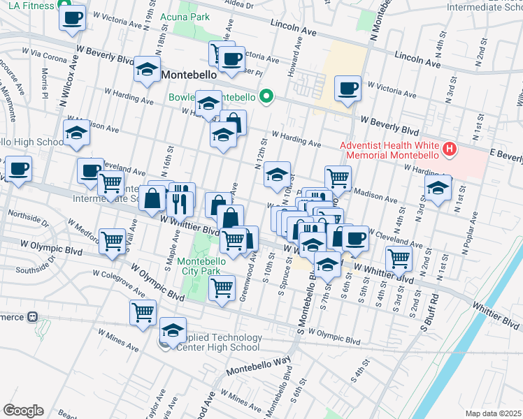 map of restaurants, bars, coffee shops, grocery stores, and more near 145 Greenwood Avenue in Montebello
