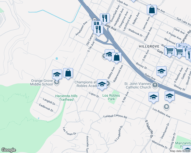 map of restaurants, bars, coffee shops, grocery stores, and more near 1435 Finegrove Avenue in Hacienda Heights