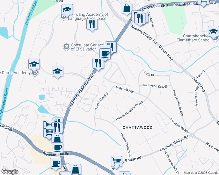 map of restaurants, bars, coffee shops, grocery stores, and more near 3500 Berwick South Drive in Duluth