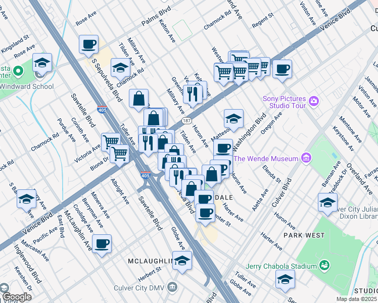 map of restaurants, bars, coffee shops, grocery stores, and more near 3856 Bentley Avenue in Culver City