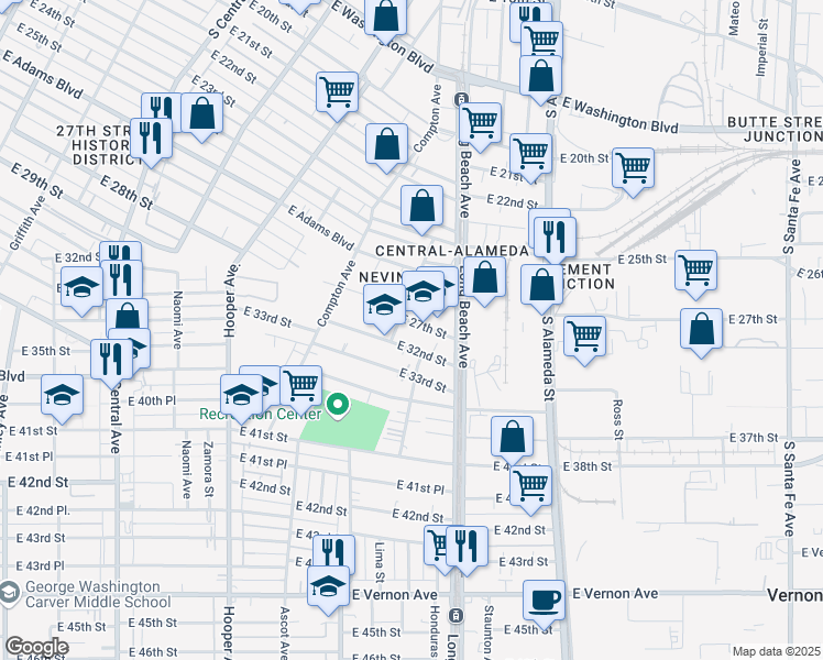 map of restaurants, bars, coffee shops, grocery stores, and more near 1614 E 27th St in Los Angeles