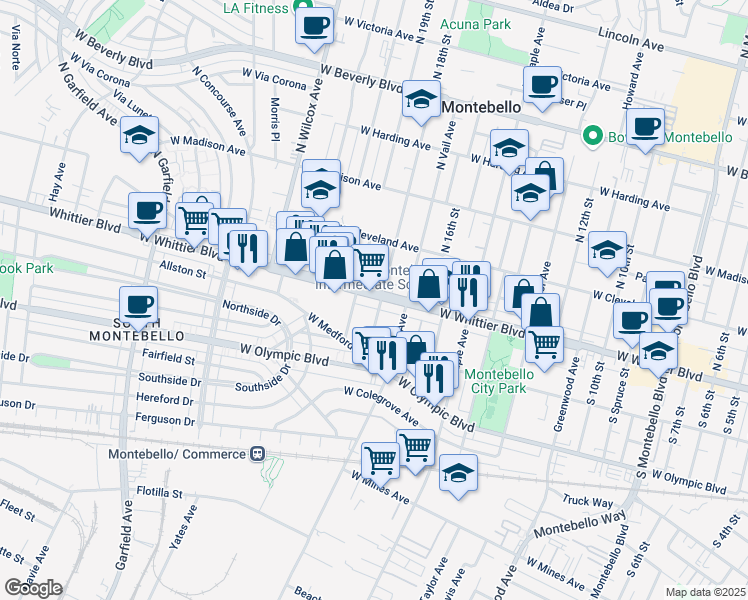 map of restaurants, bars, coffee shops, grocery stores, and more near 1801 West Whittier Boulevard in Montebello
