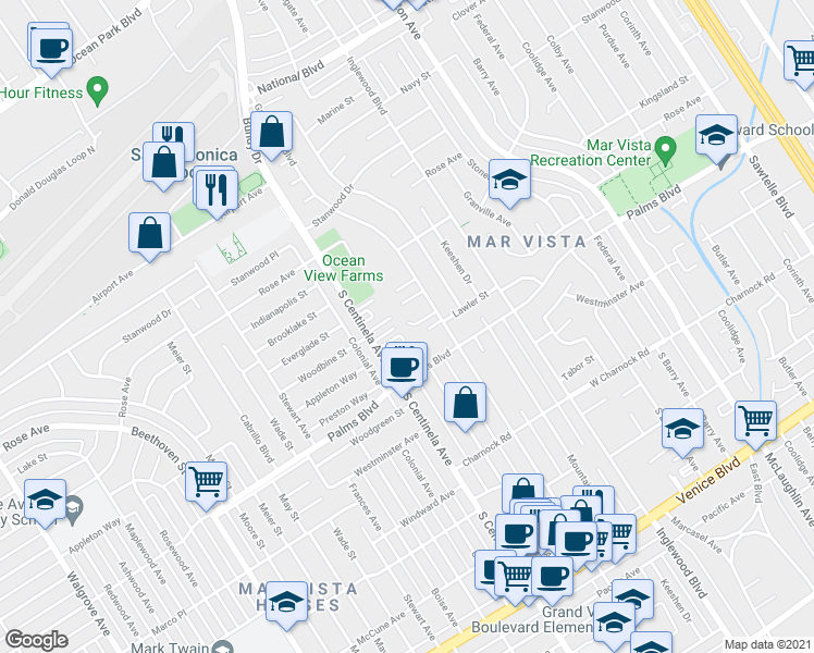 map of restaurants, bars, coffee shops, grocery stores, and more near 12231 Lawler Street in Los Angeles