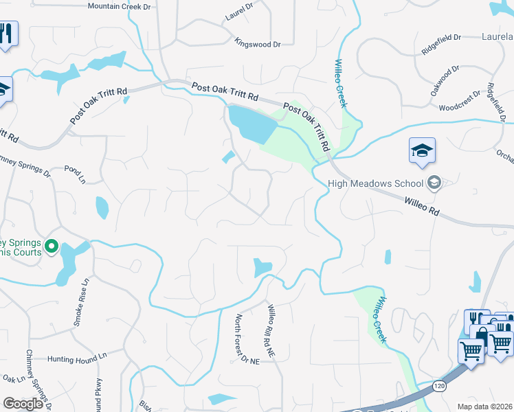 map of restaurants, bars, coffee shops, grocery stores, and more near 5077 Spring Rock Terrace Northeast in Roswell