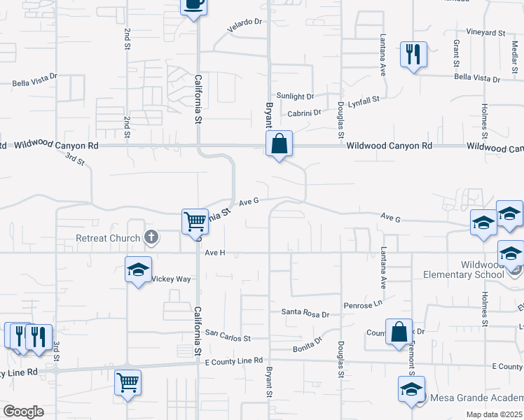 map of restaurants, bars, coffee shops, grocery stores, and more near 13288 Bryant Street in Yucaipa