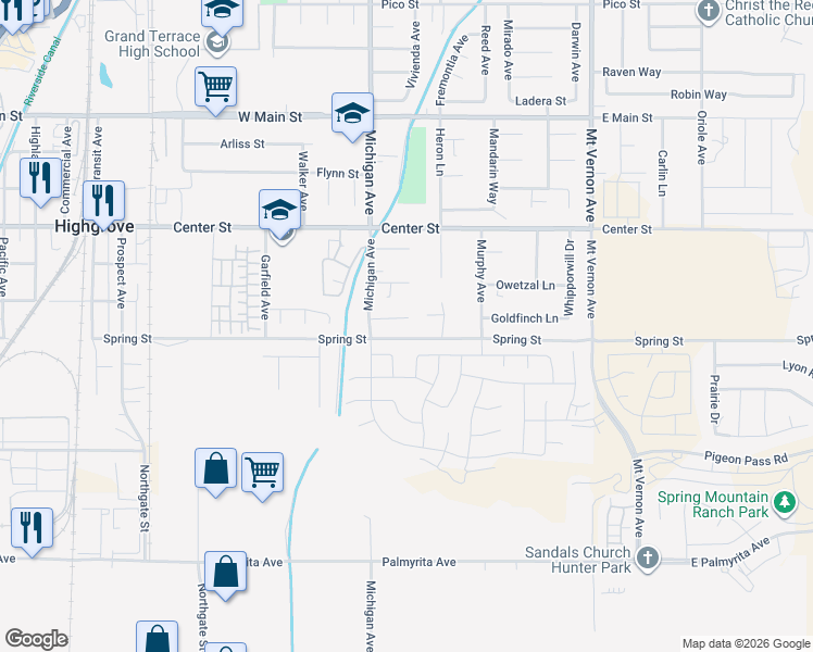 map of restaurants, bars, coffee shops, grocery stores, and more near 438 Tanner Circle in Riverside