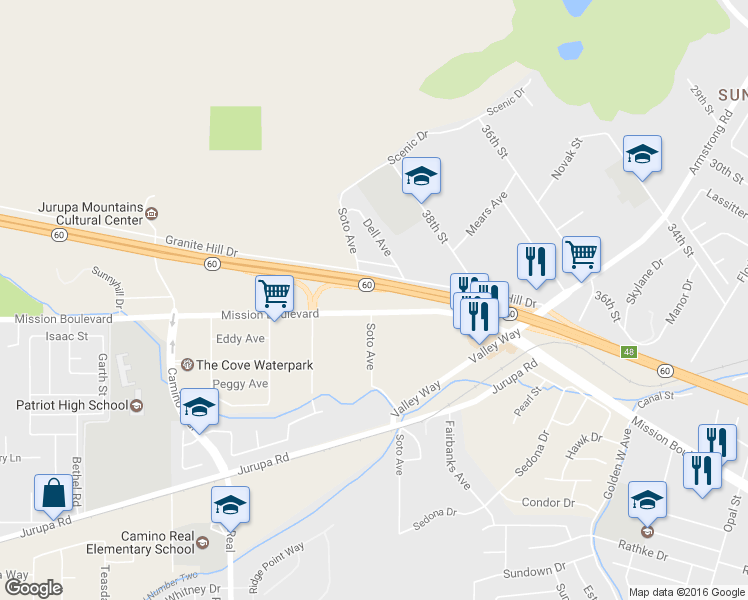 map of restaurants, bars, coffee shops, grocery stores, and more near 4170 Soto Street in Riverside