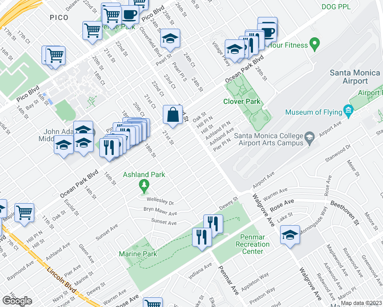 map of restaurants, bars, coffee shops, grocery stores, and more near 2125 Ashland Avenue in Santa Monica