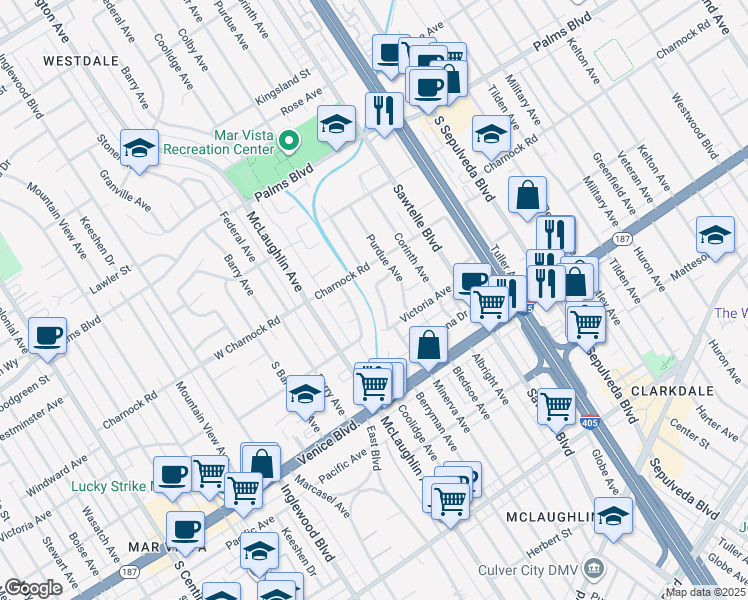 map of restaurants, bars, coffee shops, grocery stores, and more near 3643 Berryman Avenue in Los Angeles