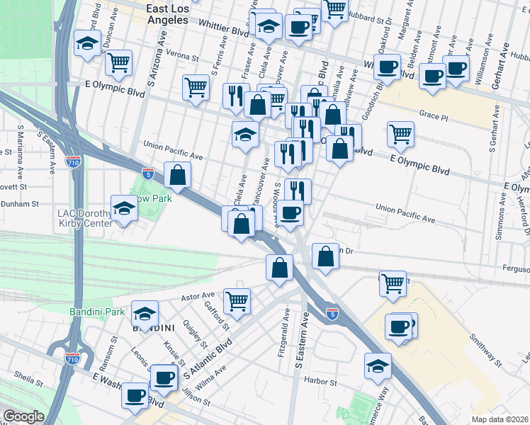 map of restaurants, bars, coffee shops, grocery stores, and more near 1424 South Woods Place in East Los Angeles