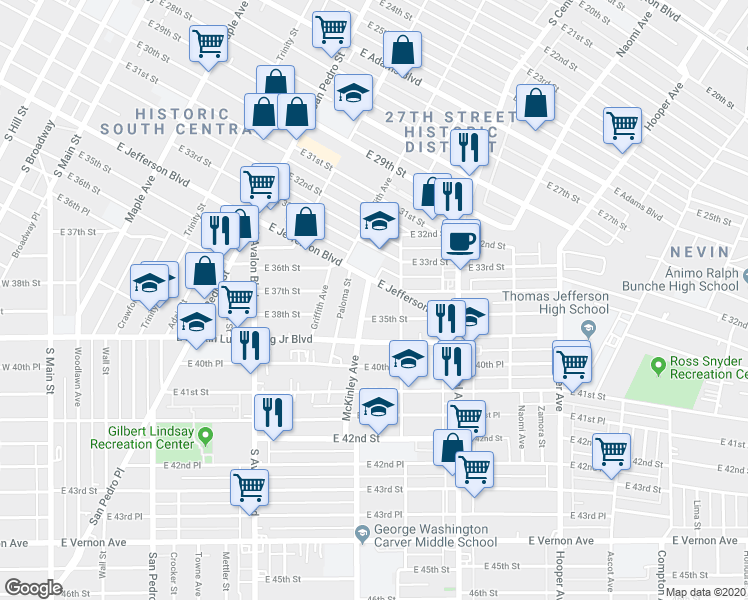 map of restaurants, bars, coffee shops, grocery stores, and more near 3422 McKinley Avenue in Los Angeles