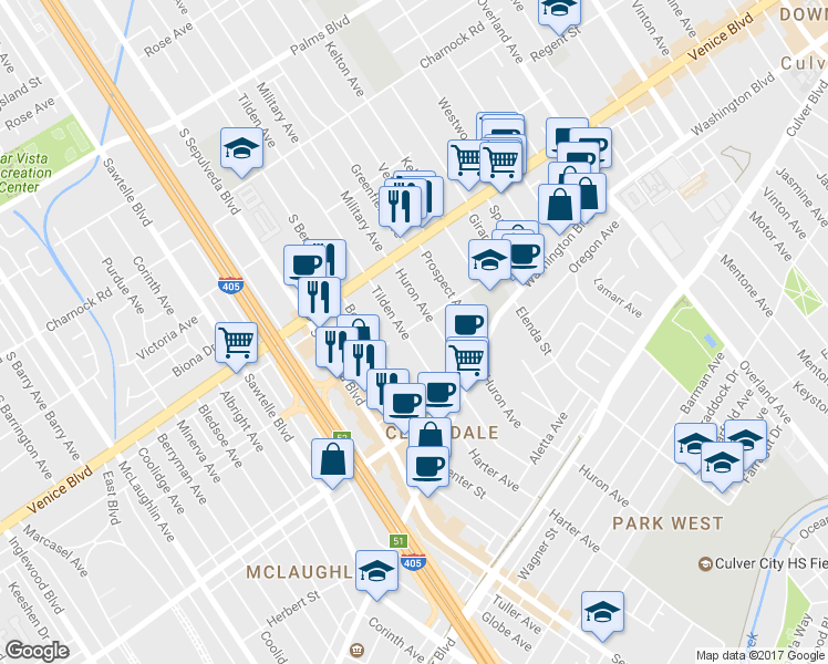 map of restaurants, bars, coffee shops, grocery stores, and more near 11046 Matteson Avenue in Culver City