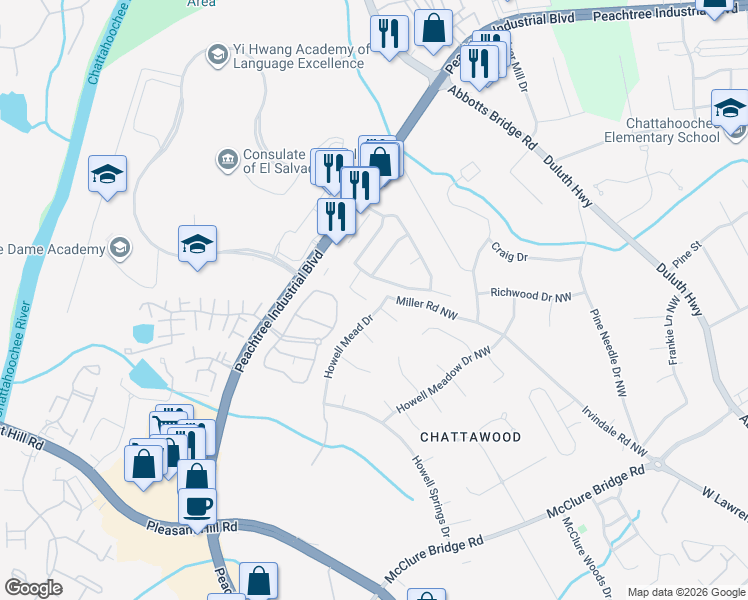 map of restaurants, bars, coffee shops, grocery stores, and more near 3500 Berwick South Drive in Duluth