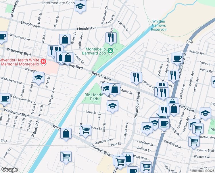 map of restaurants, bars, coffee shops, grocery stores, and more near 4432 Fir Street in Pico Rivera