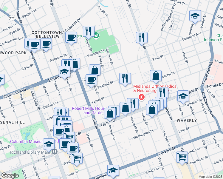 map of restaurants, bars, coffee shops, grocery stores, and more near 1818 Henderson Street in Columbia