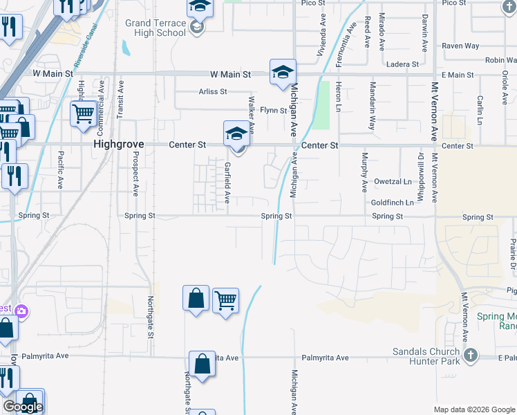 map of restaurants, bars, coffee shops, grocery stores, and more near 19418 Lone Street in Riverside