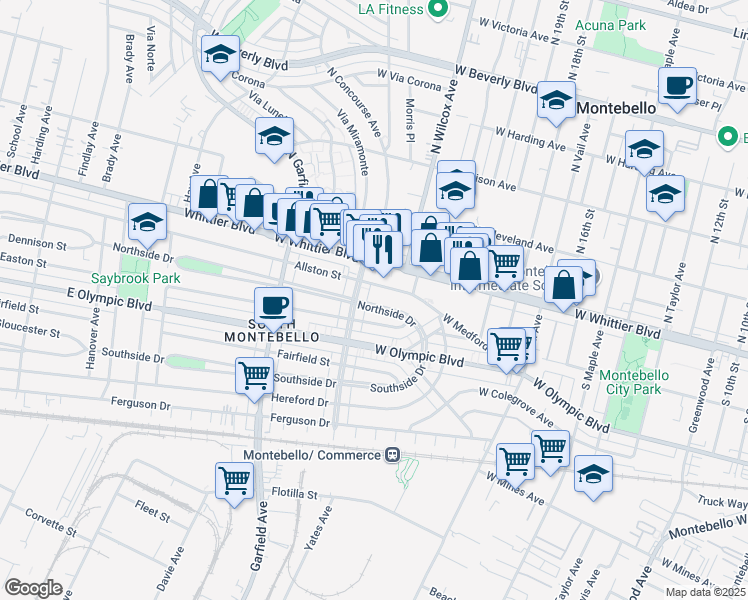 map of restaurants, bars, coffee shops, grocery stores, and more near 2236 Northside Drive in Montebello