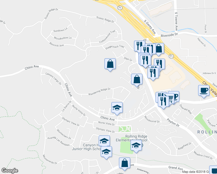 map of restaurants, bars, coffee shops, grocery stores, and more near 2496 Wandering Ridge Drive in Chino Hills