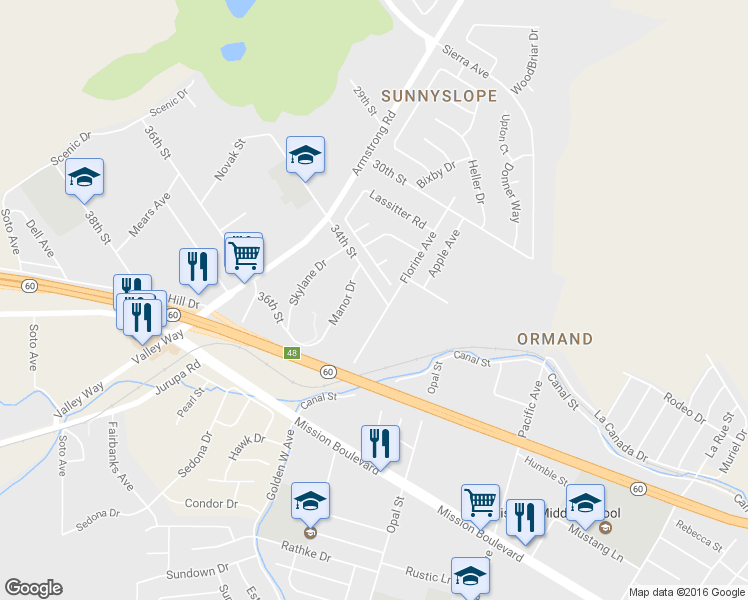 map of restaurants, bars, coffee shops, grocery stores, and more near 6544 34th Street in Riverside
