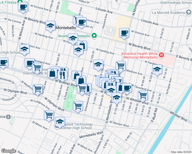 map of restaurants, bars, coffee shops, grocery stores, and more near 145 Greenwood Avenue in Montebello