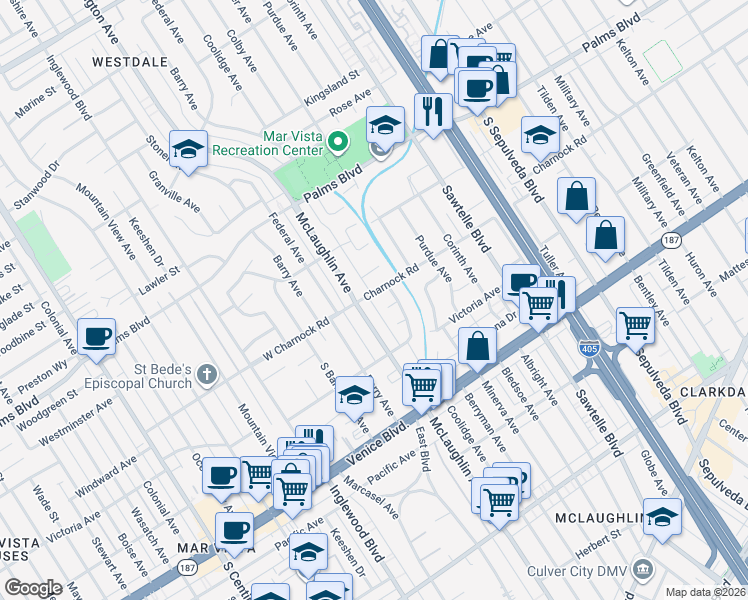 map of restaurants, bars, coffee shops, grocery stores, and more near 11615 Francis Place in Los Angeles