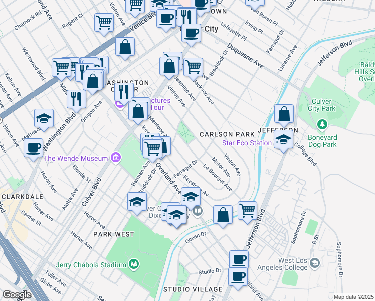 map of restaurants, bars, coffee shops, grocery stores, and more near 4247 Le Bourget Avenue in Culver City