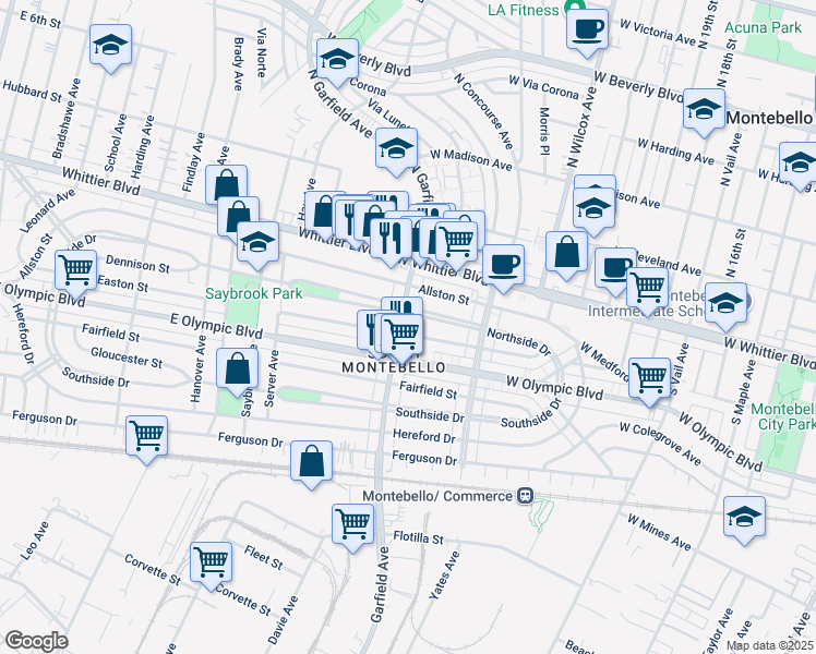 map of restaurants, bars, coffee shops, grocery stores, and more near 1019 Garfield Avenue in East Los Angeles