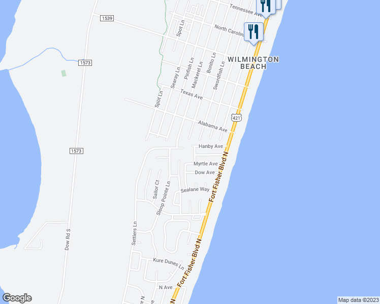map of restaurants, bars, coffee shops, grocery stores, and more near 1103 Trout Lane in Carolina Beach