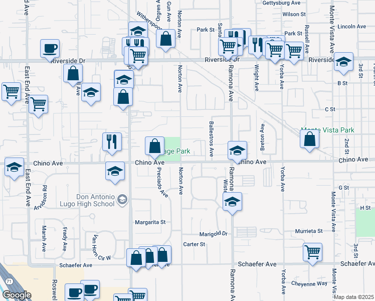 map of restaurants, bars, coffee shops, grocery stores, and more near 13259 Norton Avenue in Chino