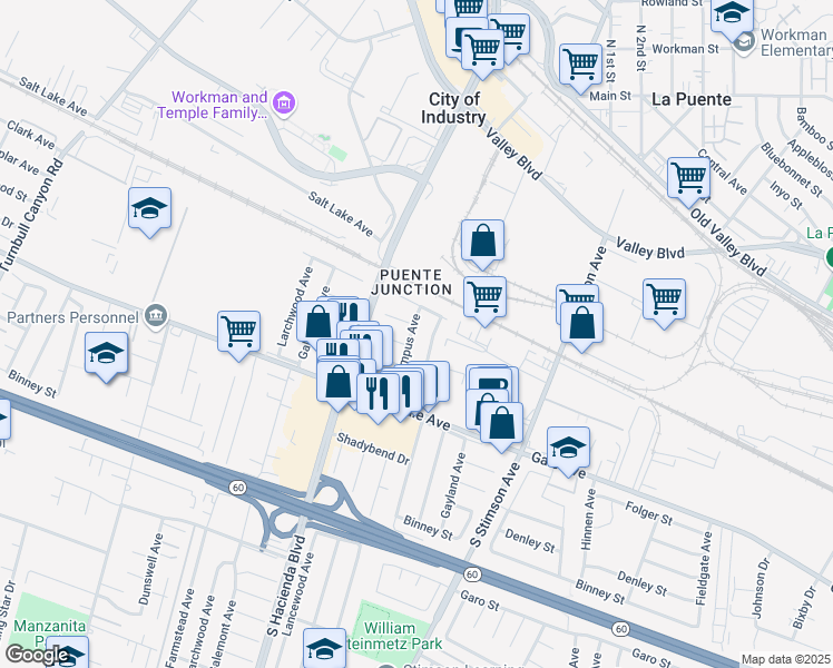 map of restaurants, bars, coffee shops, grocery stores, and more near 830 South Olympus Avenue in Hacienda Heights