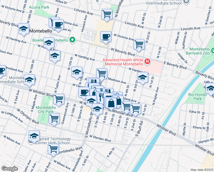 map of restaurants, bars, coffee shops, grocery stores, and more near 225 North 6th Street in Montebello