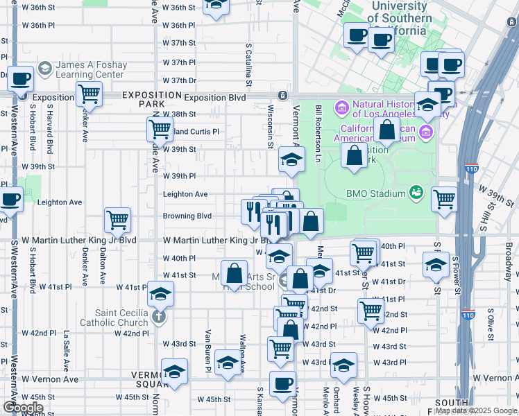 map of restaurants, bars, coffee shops, grocery stores, and more near 1107 Browning Boulevard in Los Angeles