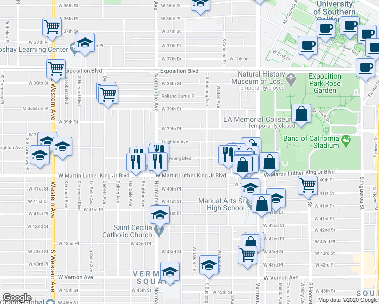 map of restaurants, bars, coffee shops, grocery stores, and more near 1203 Browning Boulevard in Los Angeles