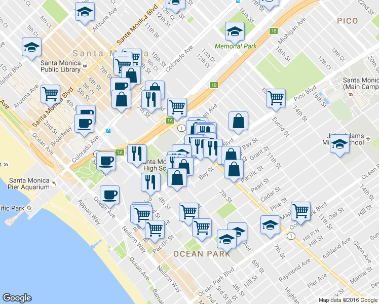 map of restaurants, bars, coffee shops, grocery stores, and more near 1829 7th Street in Santa Monica