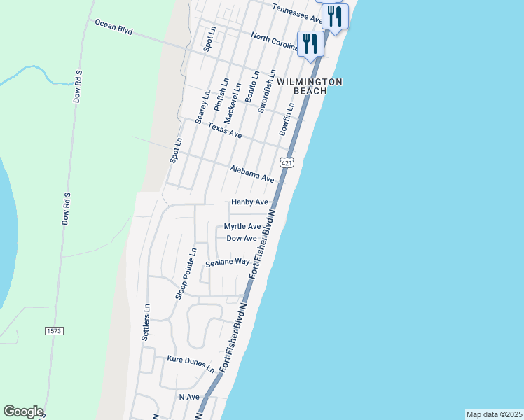 map of restaurants, bars, coffee shops, grocery stores, and more near 1101 Fort Fisher Boulevard North in Carolina Beach