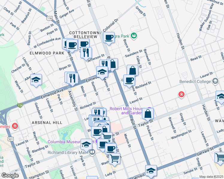 map of restaurants, bars, coffee shops, grocery stores, and more near 1407 Richland Street in Columbia
