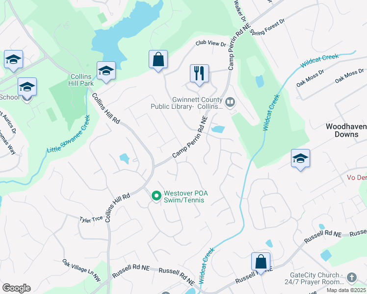 map of restaurants, bars, coffee shops, grocery stores, and more near Camp Perrin Road Northeast in Gwinnett County