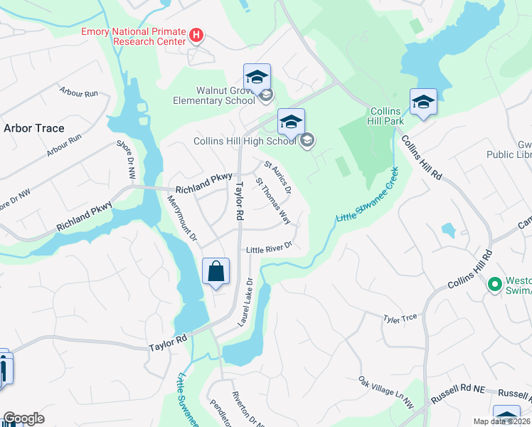 map of restaurants, bars, coffee shops, grocery stores, and more near 144 Saint Georges Court in Suwanee