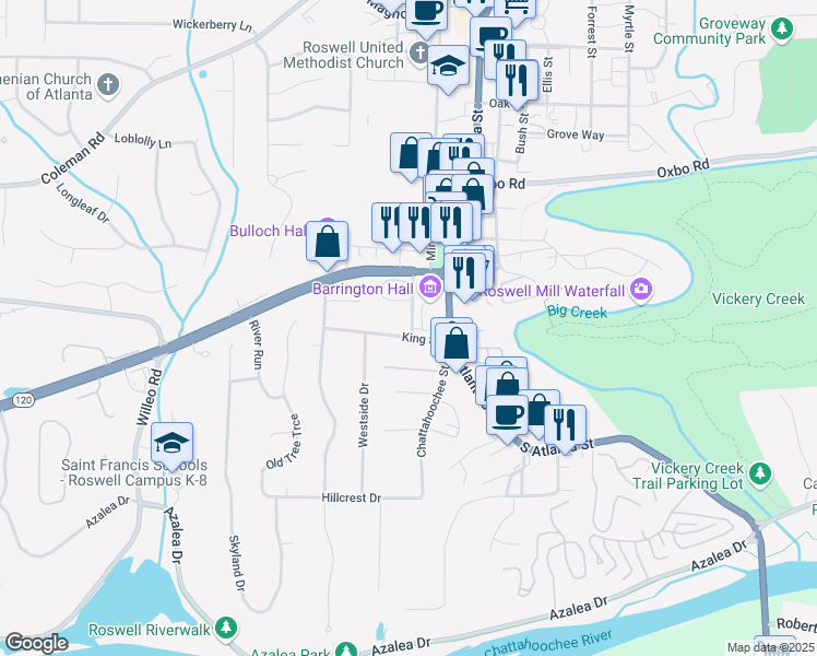 map of restaurants, bars, coffee shops, grocery stores, and more near 504 Barrington Drive in Roswell