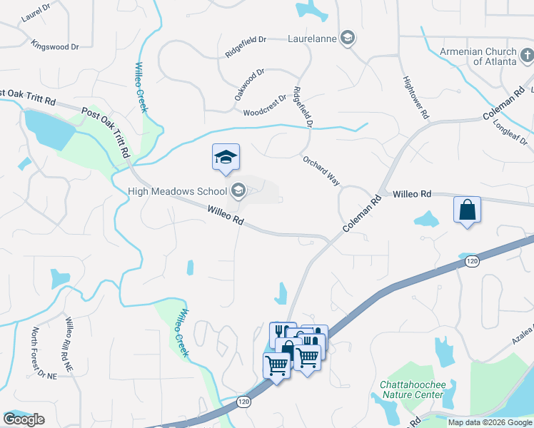 map of restaurants, bars, coffee shops, grocery stores, and more near 981 Willeo Road in Atlanta