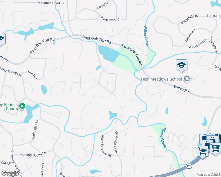 map of restaurants, bars, coffee shops, grocery stores, and more near 5077 Spring Rock Terrace Northeast in Roswell