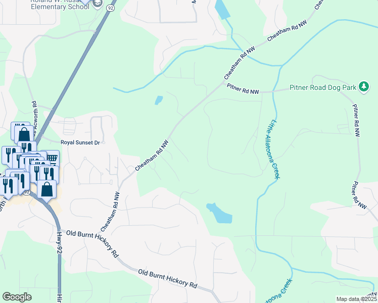 map of restaurants, bars, coffee shops, grocery stores, and more near Cheatham Road Northwest in Acworth
